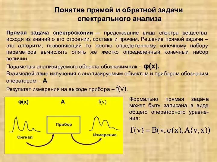 Понятие прямой и обратной задачи спектрального анализа Прямая задача спектроскопии —