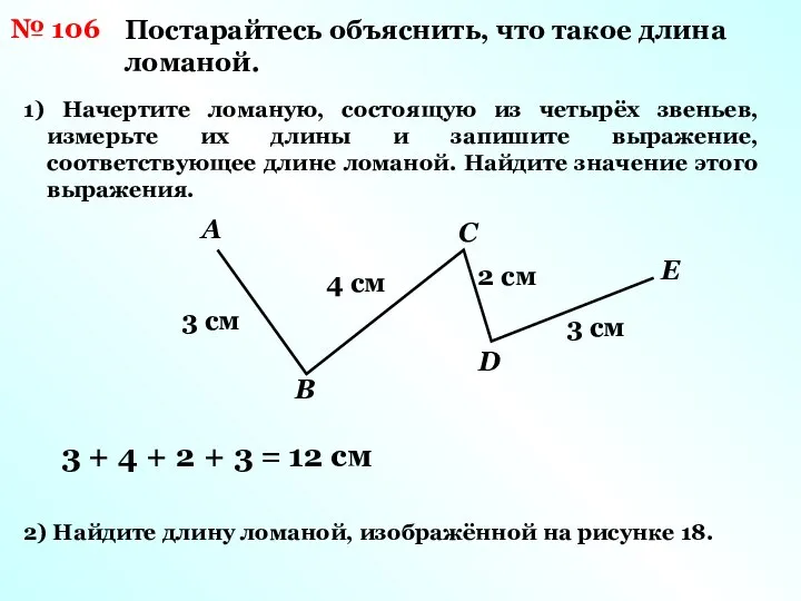 № 106 Постарайтесь объяснить, что такое длина ломаной. 1) Начертите ломаную,