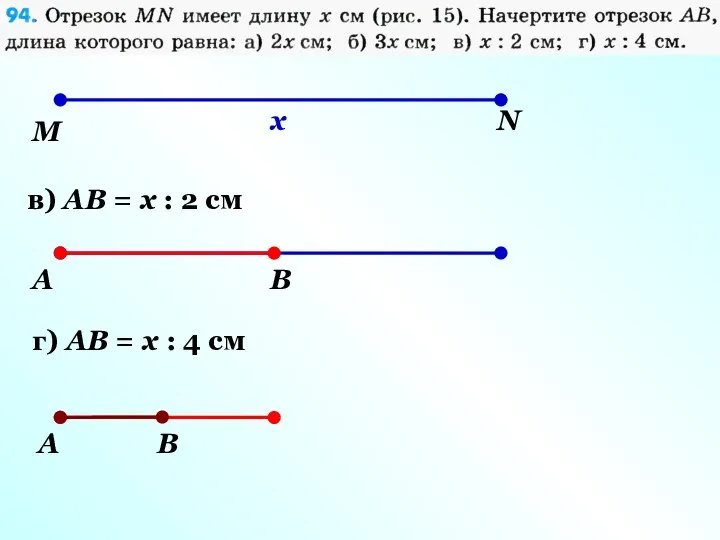 M N x в) AB = x : 2 см A