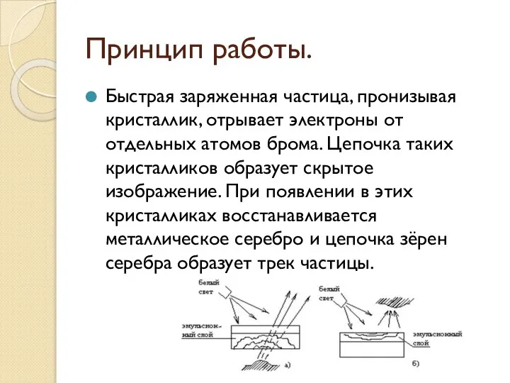 Принцип работы. Быстрая заряженная частица, пронизывая кристаллик, отрывает электроны от отдельных