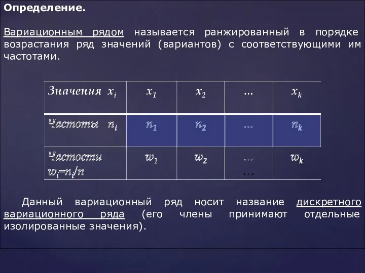 Определение. Вариационным рядом называется ранжированный в порядке возрастания ряд значений (вариантов)