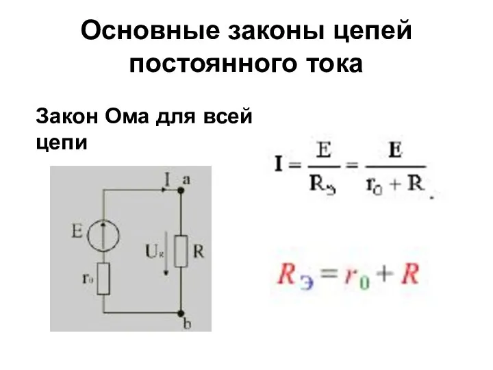 Основные законы цепей постоянного тока Закон Ома для всей цепи