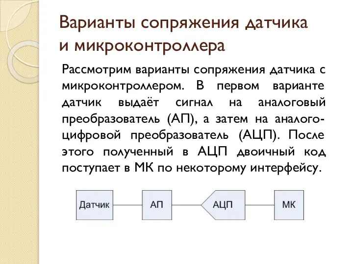 Варианты сопряжения датчика и микроконтроллера Рассмотрим варианты сопряжения датчика с микроконтроллером.