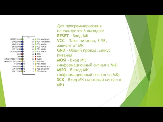 Для программирования используется 6 выводов: RESET - Вход МК VCC -