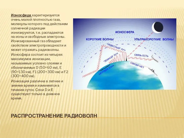 РАСПРОСТРАНЕНИЕ РАДИОВОЛН Ионосфера характеризуется очень малой плотностью газа, молекулы которого под