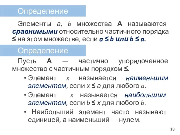 Элементы а, b множества А называются сравнимыми относительно частичного порядка ≤