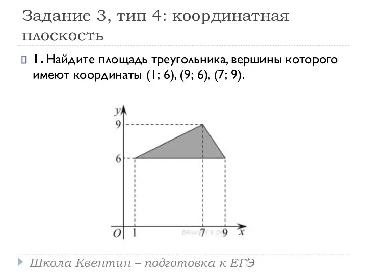 Задание 3, тип 4: координатная плоскость 1. Найдите площадь треугольника, вершины