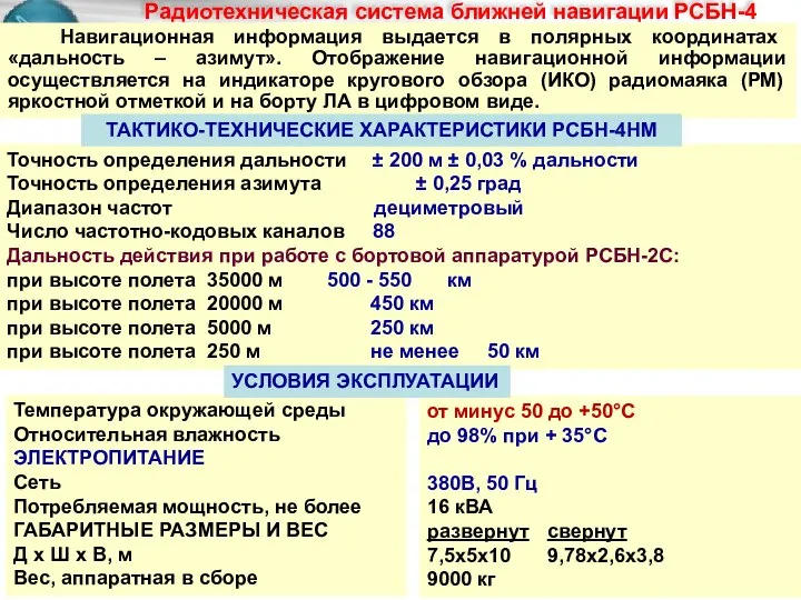 Радиотехническая система ближней навигации РСБН-4 Навигационная информация выдается в полярных координатах