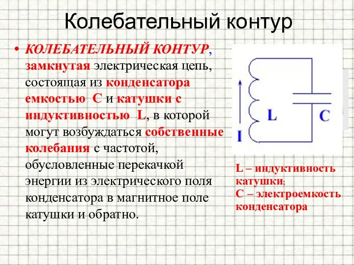 Колебательный контур КОЛЕБАТЕЛЬНЫЙ КОНТУР, замкнутая электрическая цепь, состоящая из конденсатора емкостью