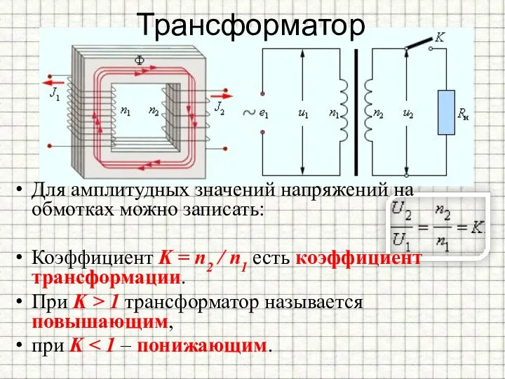 Трансформатор Для амплитудных значений напряжений на обмотках можно записать: Коэффициент K