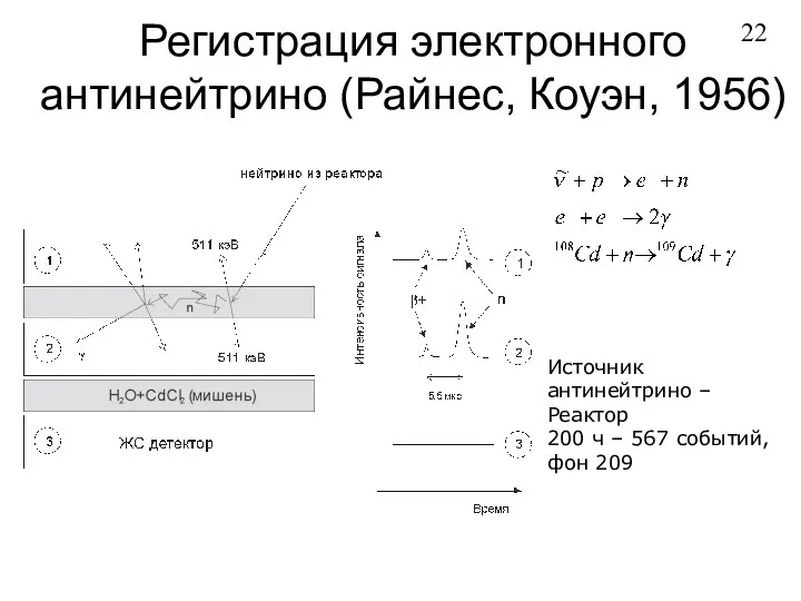 Регистрация электронного антинейтрино (Райнес, Коуэн, 1956) Источник антинейтрино – Реактор 200