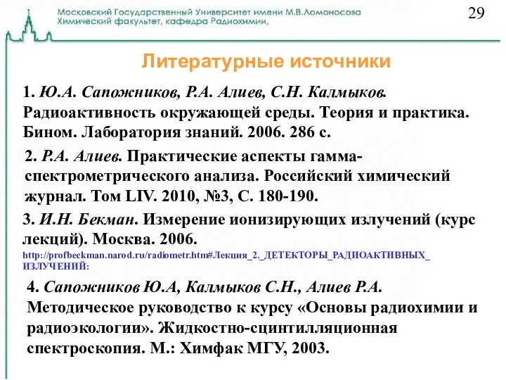 Литературные источники 1. Ю.А. Сапожников, Р.А. Алиев, С.Н. Калмыков. Радиоактивность окружающей