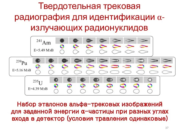 Набор эталонов альфа-трековых изображений для заданной энергии α-частицы при разных углах