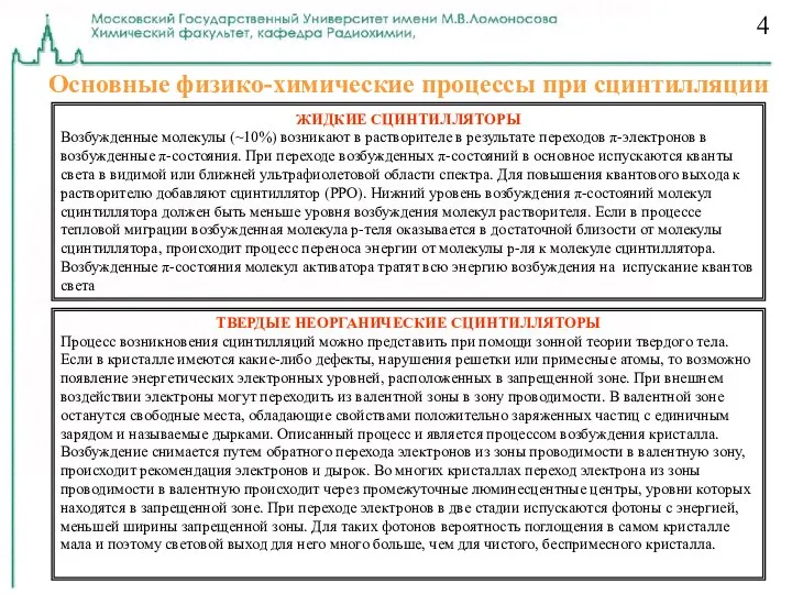 Основные физико-химические процессы при сцинтилляции ЖИДКИЕ СЦИНТИЛЛЯТОРЫ Возбужденные молекулы (~10%) возникают