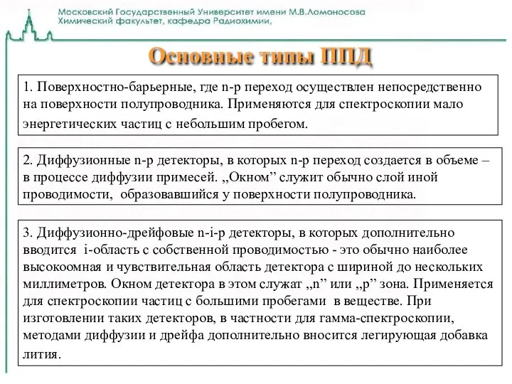 Основные типы ППД 1. Поверхностно-барьерные, где n-p переход осуществлен непосредственно на