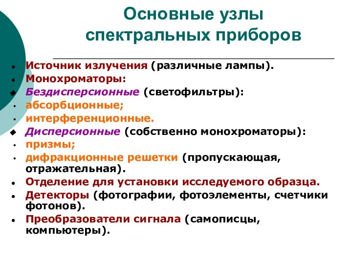 Основные узлы спектральных приборов Источник излучения (различные лампы). Монохроматоры: Бездисперсионные (светофильтры):