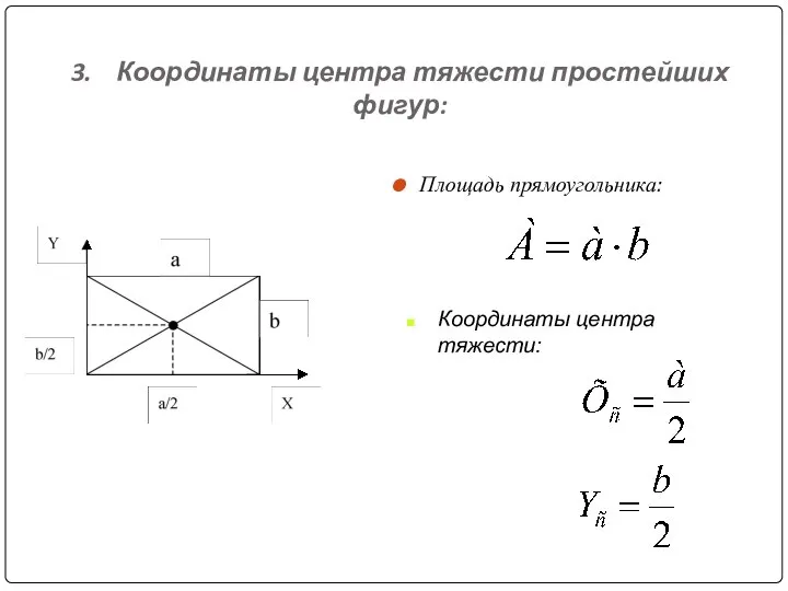 3. Координаты центра тяжести простейших фигур: Площадь прямоугольника: Координаты центра тяжести: