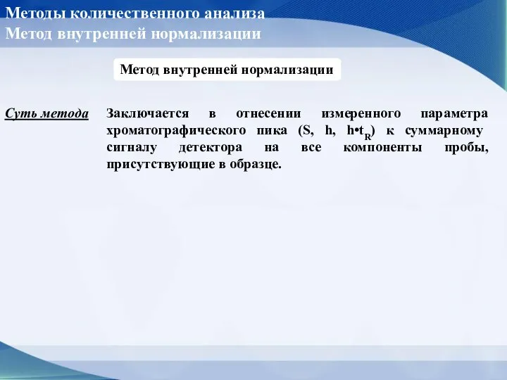 Методы количественного анализа Метод внутренней нормализации Суть метода Заключается в отнесении