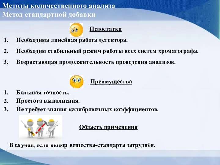 Методы количественного анализа Метод стандартной добавки Недостатки Необходима линейная работа детектора.