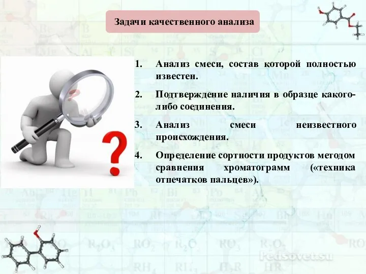 Задачи качественного анализа Анализ смеси, состав которой полностью известен. Подтверждение наличия