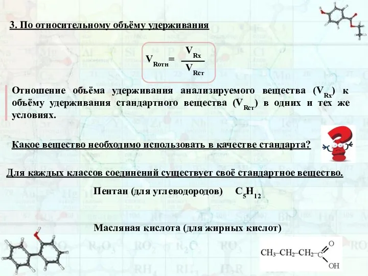 3. По относительному объёму удерживания Отношение объёма удерживания анализируемого вещества (VRх)