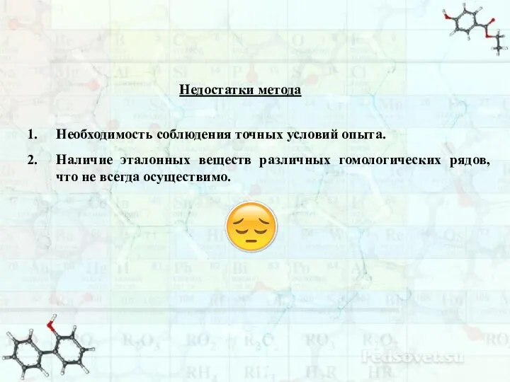 Недостатки метода Необходимость соблюдения точных условий опыта. Наличие эталонных веществ различных