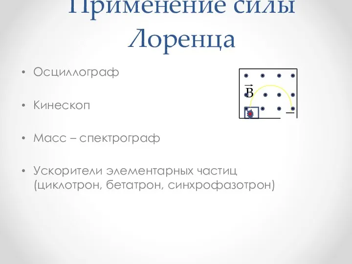 Применение силы Лоренца Осциллограф Кинескоп Масс – спектрограф Ускорители элементарных частиц (циклотрон, бетатрон, синхрофазотрон) B