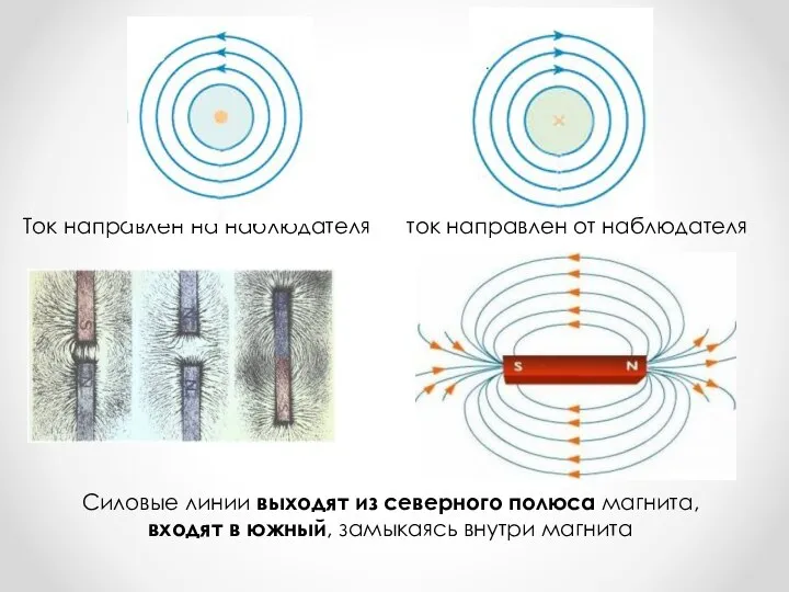 Ток направлен на наблюдателя ток направлен от наблюдателя Силовые линии выходят