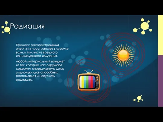 Радиация Процесс распространения энергии в пространстве в форме волн, в том