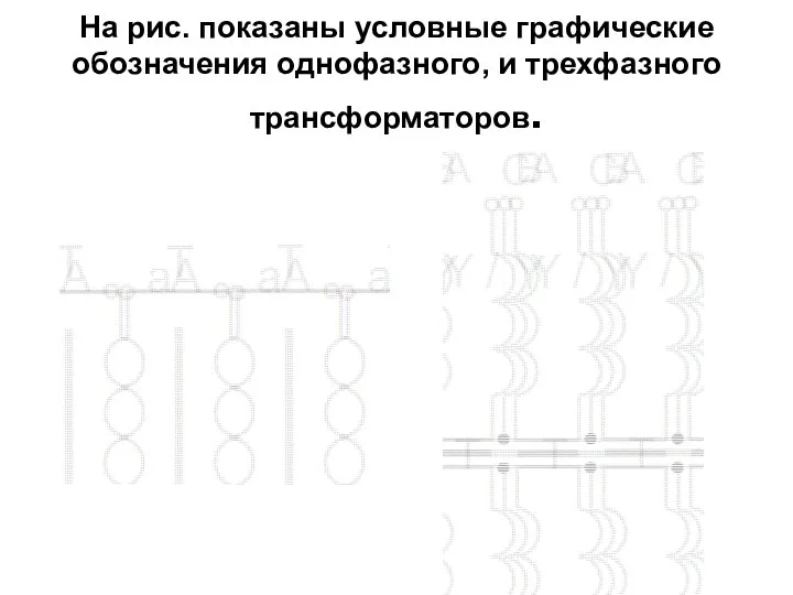 На рис. показаны условные графические обозначения однофазного, и трехфазного трансформаторов.