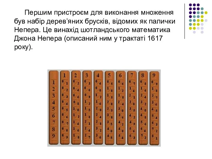 Першим пристроєм для виконання множення був набір дерев’яних брусків, відомих як