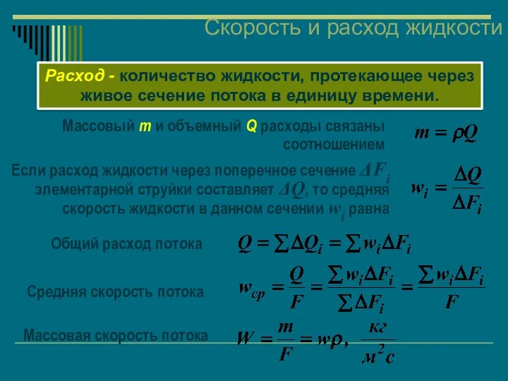 Скорость и расход жидкости Расход - количество жидкости, протекающее через живое