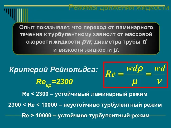 Режимы движения жидкости Опыт показывает, что переход от ламинарного течения к