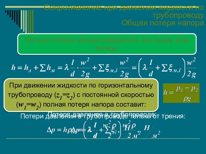 Сопротивление при движении жидкости по трубопроводу Общая потеря напора Полную потерю