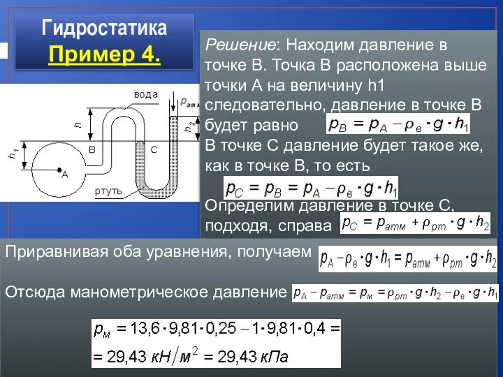 Гидростатика Пример 4. Решение: Находим давление в точке В. Точка В