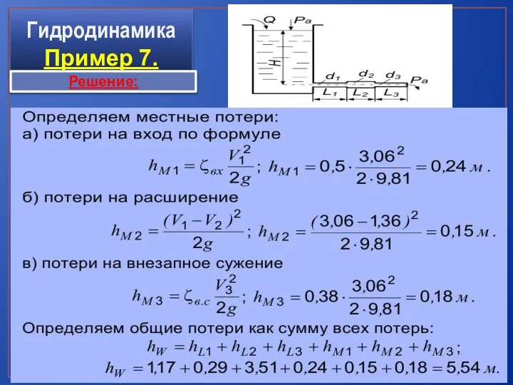 Гидродинамика Пример 7. Решение: