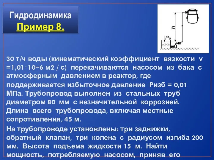 30 т/ч воды (кинематический коэффициент вязкости ν =1,01⋅10−6 м2 / с)