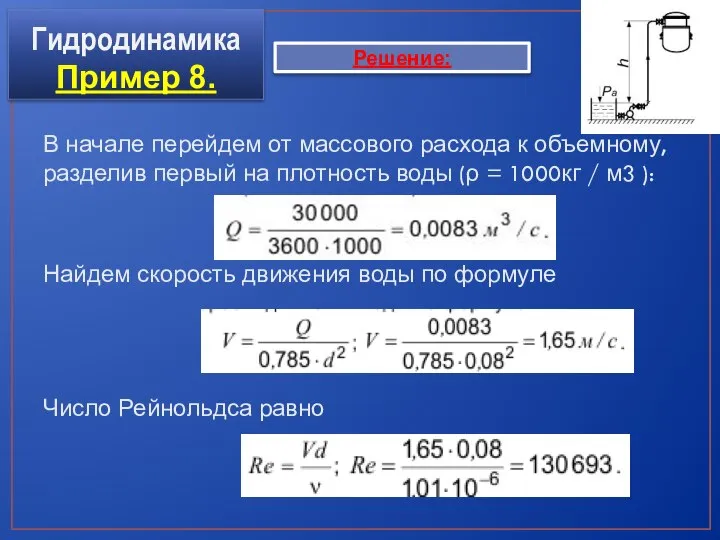 Гидродинамика Пример 8. В начале перейдем от массового расхода к объемному,