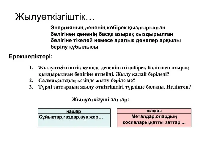 Жылуөткізгіштік кезінде дененің өзі көбірек бөлігінен азырақ қыздырылған бөлігіне өтпейді. Жылу