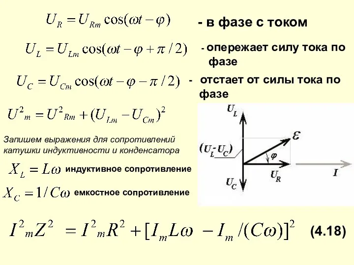 - в фазе с током - опережает силу тока по фазе