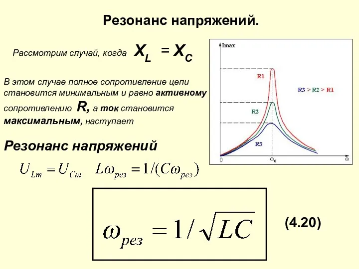 Резонанс напряжений. Рассмотрим случай, когда XL = XC В этом случае