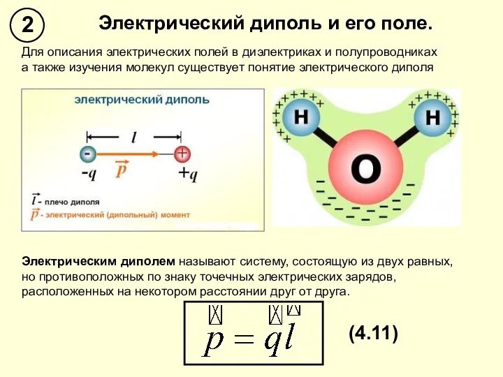 Электрический диполь и его поле. Для описания электрических полей в диэлектриках