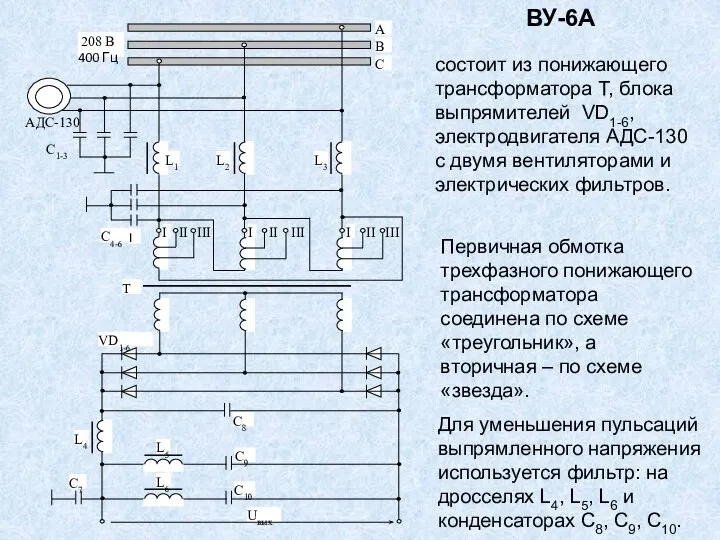 ВУ-6А состоит из понижающего трансформатора Т, блока выпрямителей VD1-6, электродвигателя АДС-130