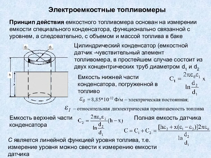 Электроемкостные топливомеры Принцип действия емкостного топливомера основан на измерении емкости специального