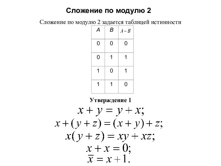 Сложение по модулю 2 Сложение по модулю 2 задается таблицей истинности Утверждение 1 ; ; ;