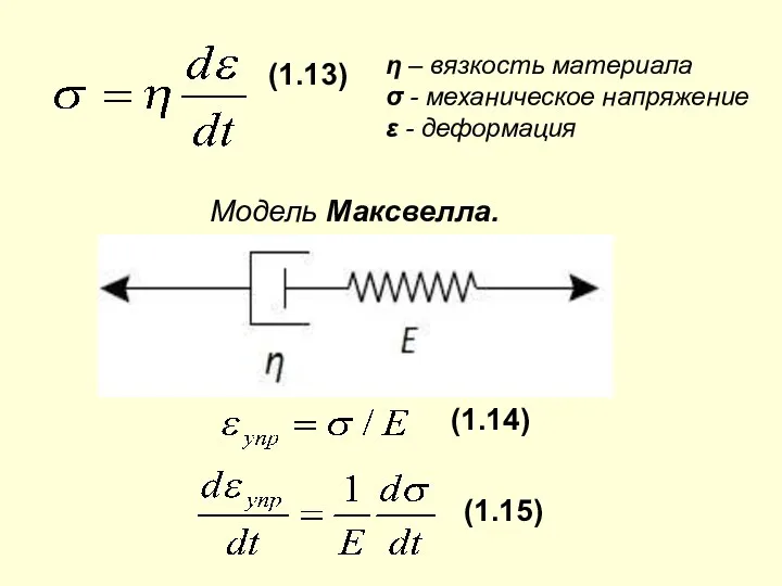 (1.13) η – вязкость материала σ - механическое напряжение ε - деформация Модель Максвелла. (1.14) (1.15)