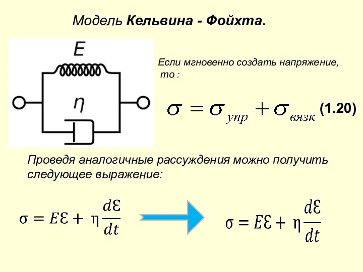 Модель Кельвина - Фойхта. Если мгновенно создать напряжение, то : Проведя