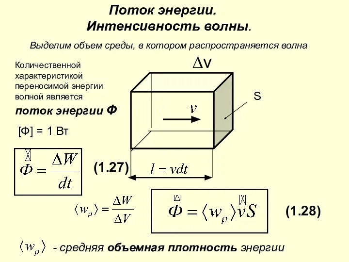 Поток энергии. Интенсивность волны. S ∆v Выделим объем среды, в котором