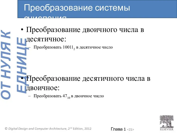 Преобразование двоичного числа в десятичное: Преобразовать 100112 в десятичное число Преобразование