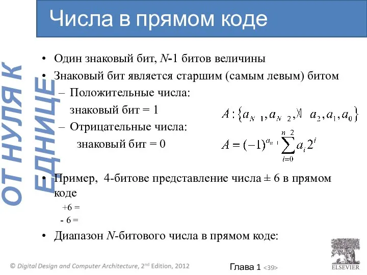 Один знаковый бит, N-1 битов величины Знаковый бит является старшим (самым